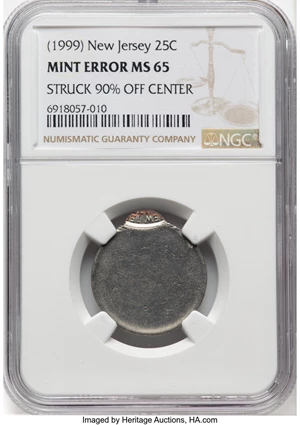 image for: (1999) 25C New Jersey Quarter -- Struck 90% Off Center -- MS65 NGC....