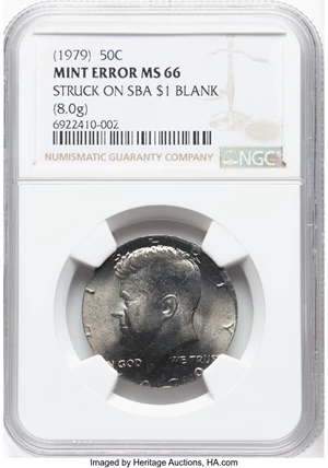 image for: (1979) 50C Kennedy Half Dollar -- Struck on Susan B. Anthony $1 Blank -- MS66 NGC. (8.0g). Mintage 68,312,000....