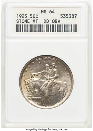 image for: 1925 50C Stone Mountain, Doubled Die Obverse, FS-101, MS64 ANACS. Housed in a small-sized holder. Mintage 1,314,709....