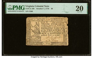 image for: Virginia October 7, 1776 $6 PMG Very Fine 20....