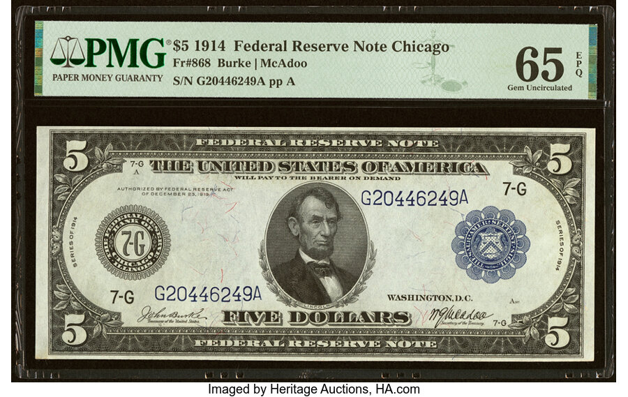 image for: Fr. 868 $5 1914 Federal Reserve Note PMG Gem Uncirculated 65 EPQ....