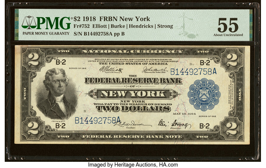 image for: Fr. 752 $2 1918 Federal Reserve Bank Note PMG About Uncirculated 55....