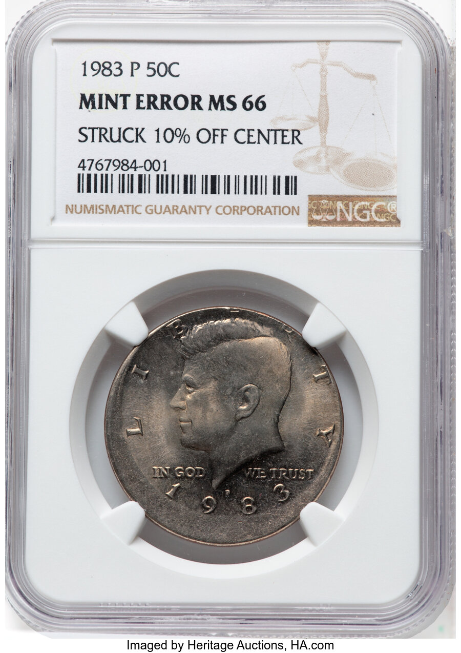 image for: 1983-P 50C Kennedy Half Dollar -- Struck 10% Off Center -- MS66 NGC. NGC Census: (443/39). PCGS Population: (159/33). CDN: ...