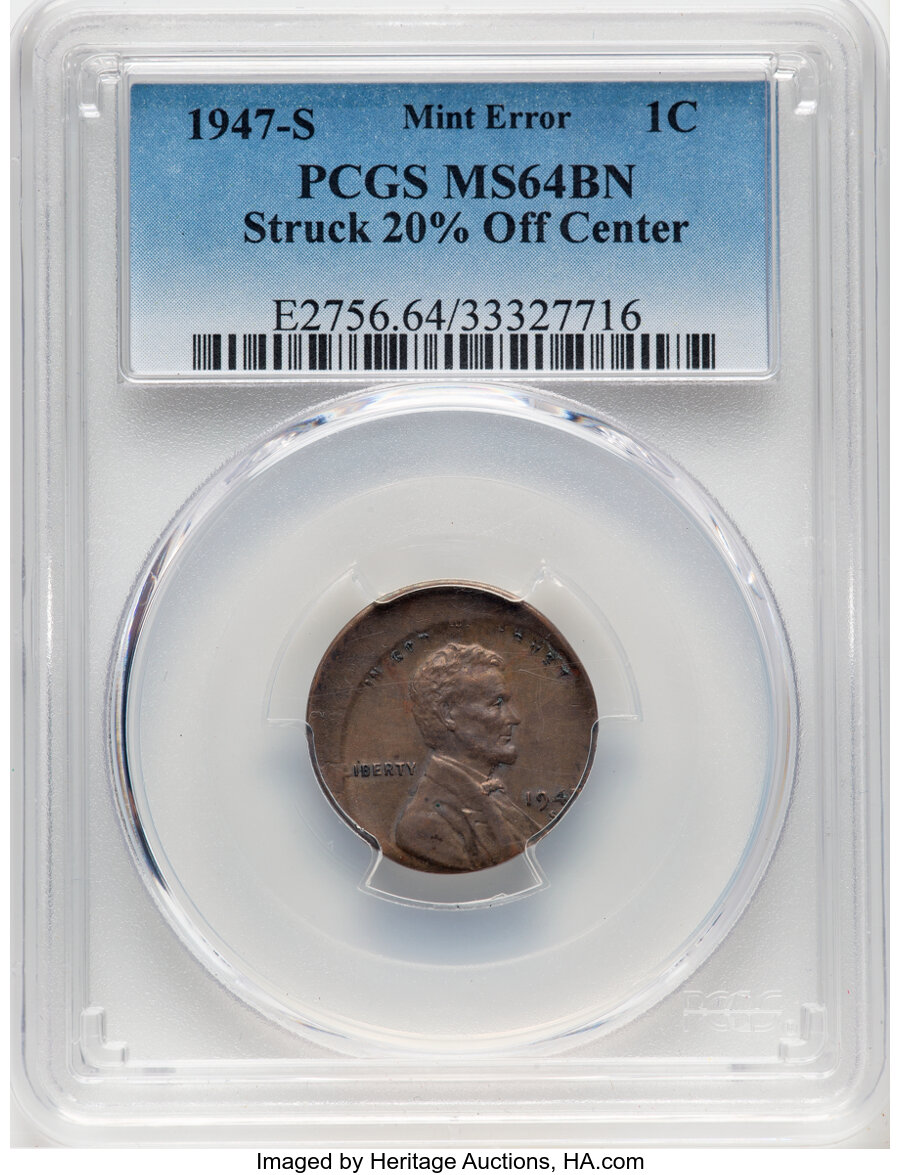 image for: 1947-S 1C Lincoln Cent -- Struck 20% Off Center -- MS64 Brown PCGS. PCGS Population: (8/19).  Mintage 99,000,000....