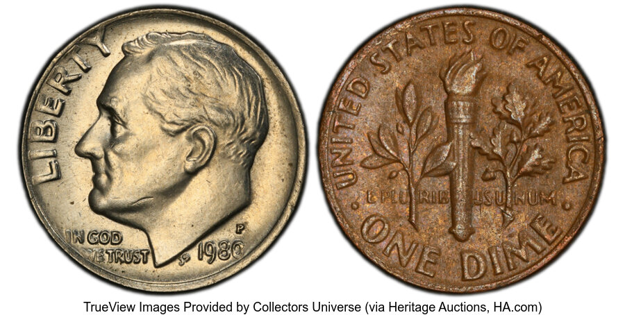 image for: 1980-P 10C Roosevelt Dime -- Reverse Clad Layer Missing -- MS62 PCGS. PCGS Population: (4/379 and 0/2+).  Mintage 735,170,0...