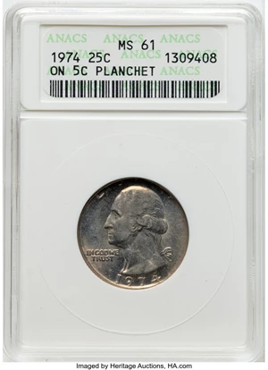 image for: 1974 25C Washington Quarter -- On 5C Planchet -- MS61 ANACS. Mintage 801,456,000. Housed in a small-sized holder....