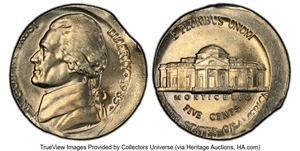 image for: 1985-P 5C Jefferson Nickel -- Struck 10% Off-Center, 3% Double Clip -- MS63 PCGS. PCGS Population: (19/131). Mintage 647,1...