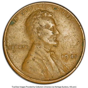 image for: 1941 1C Lincoln Cent -- 30% Clamshell Split Planchet -- VF30 PCGS. PCGS Population: (25/175 and 0/1+). Mintage 887,039,100...