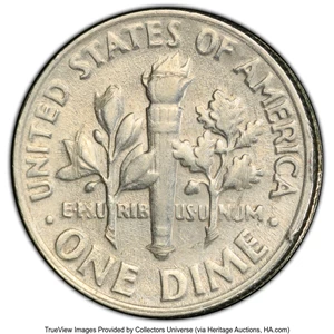 image for: 1968-D 10C Roosevelt Dime -- 90% Clamshell Obverse Clad Layer -- AU50 PCGS. PCGS Population: (2/888 and 0/11+). Mintage 48...