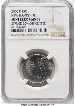 image for: 2000-P 25C New Hampshire Quarter -- Struck 20% Off Center -- MS65 NGC....