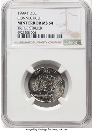 image for: 1999-P 25C Connecticut Quarter -- Triple Struck -- MS64 NGC....