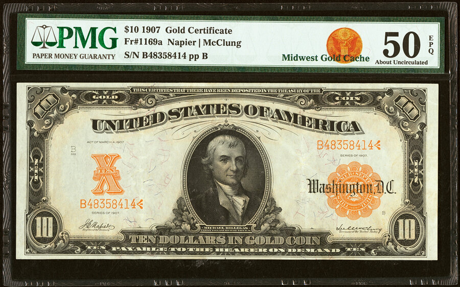 image for: Fr. 1169a $10 1907 Gold Certificate PMG About Uncirculated 50 EPQ....