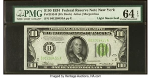 image for: Fr. 2152-B $100 1934 Light Green Seal Federal Reserve Note. PMG Choice Uncirculated 64 EPQ....