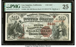 image for: Los Angeles, CA - $20 1882 Brown Back Fr. 504 The First National Bank Ch. # (P)2491 PMG Very Fine 25....