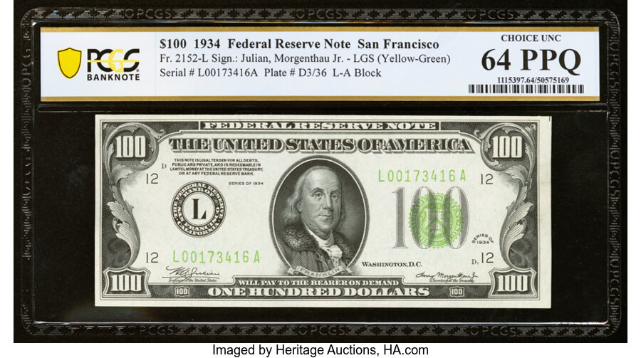 image for: Fr. 2152-L $100 1934 Light Green Seal Federal Reserve Note. PCGS Banknote Choice Unc 64 PPQ....