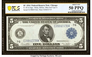 image for: Fr. 871a $5 1914 Federal Reserve Note PCGS Banknote About Unc 50 PPQ....