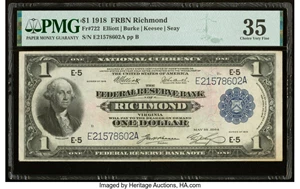 image for: Fr. 722 $1 1918 Federal Reserve Bank Note PMG Choice Very Fine 35....