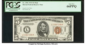 image for: Fr. 2301 $5 1934 Mule Hawaii Federal Reserve Note. PCGS Gem New 66PPQ....