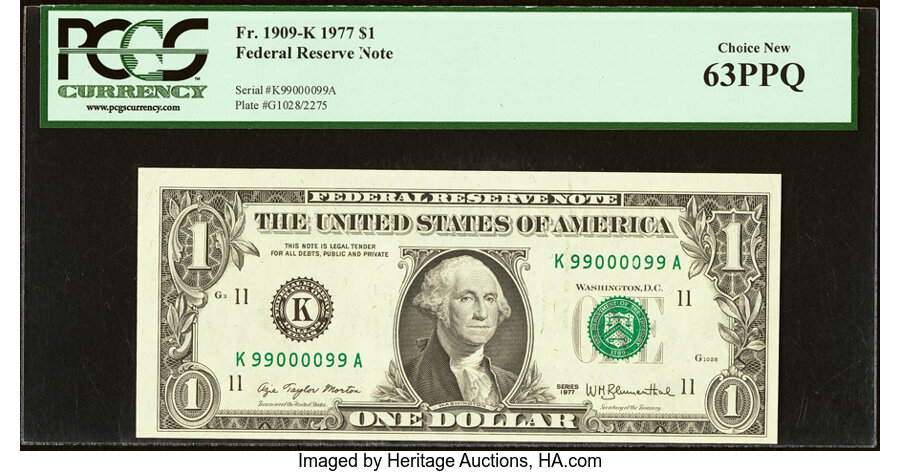 image for: Fancy Radar Serial Number 99000099 Fr. 1909-K $1 1977 Federal Reserve Note. PCGS Choice New 63PPQ....