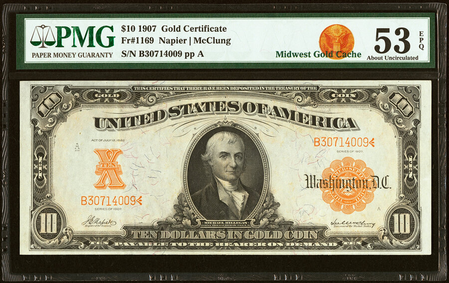 image for: Fr. 1169 $10 1907 Gold Certificate PMG About Uncirculated 53 EPQ....