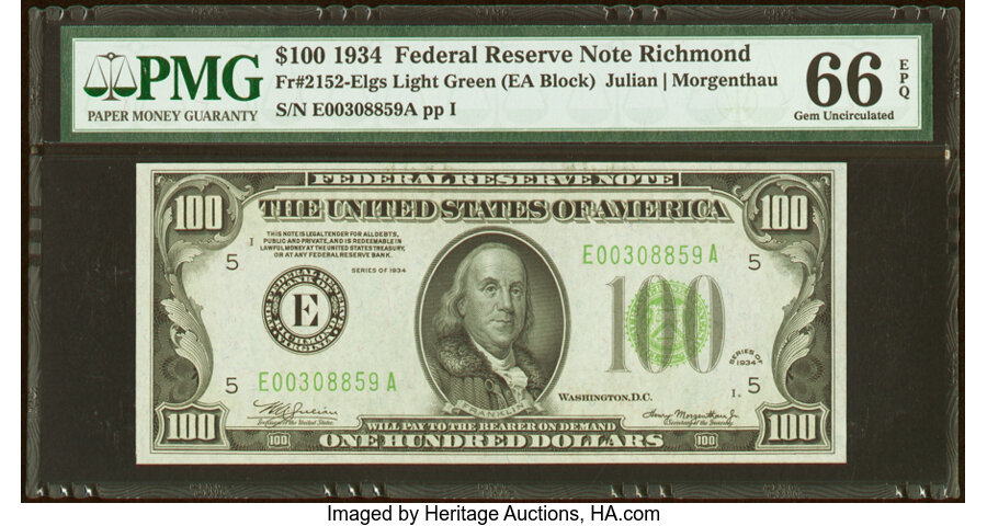 image for: Fr. 2152-E $100 1934 Light Green Seal Federal Reserve Note. PMG Gem Uncirculated 66 EPQ....
