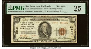 image for: San Francisco, CA - $100 1929 Ty. 2 Bank of America National Trust & Savings Assoc Ch. # 13044 PMG Very Fine 25....