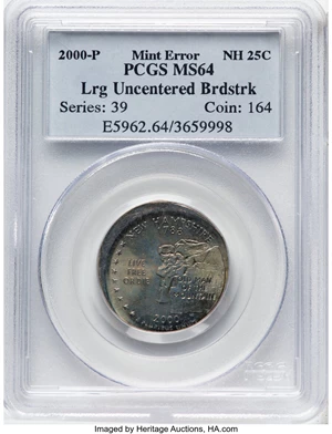 image for: 2000-P 25C New Hampshire Quarter -- Large Uncentered Broadstruck -- MS64 PCGS....