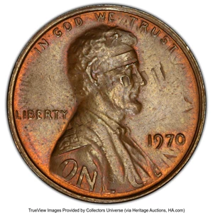 image for: 1970 1C Lincoln Cent -- Flipover Double-Struck -- MS63 Brown PCGS. PCGS Population: (2/7 and 0/0+)....