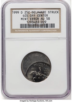 image for: 1999-D 25C Delaware Quarter -- Struck 40% Off Center -- AU58 NGC. NGC Census: (8/1513)....