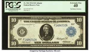 image for: Fr. 924 $10 1914 Federal Reserve Note PCGS Extremely Fine 40....