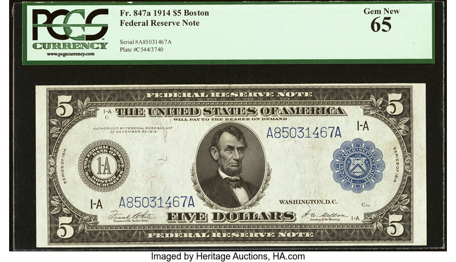 image for: Fr. 847a $5 1914 Federal Reserve Note PCGS Gem New 65....