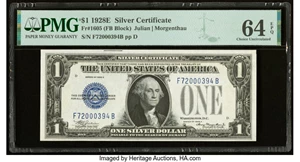 image for: Fr. 1605 $1 1928E Silver Certificate. F-B Block. PMG Choice Uncirculated 64 EPQ....