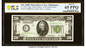 image for: Fr. 2052-C $20 1928B Light Green Seal Federal Reserve Note. PCGS Banknote Gem Unc 65 PPQ....