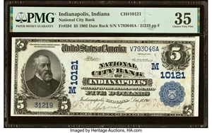 image for: Indianapolis, IN - $5 1902 Date Back Fr. 594 National City Bank Ch. # (M)10121 PMG Choice Very Fine 35....
