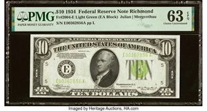 image for: Fr. 2004-E $10 1934 Light Green Seal Federal Reserve Note. PMG Choice Uncirculated 63 EPQ....