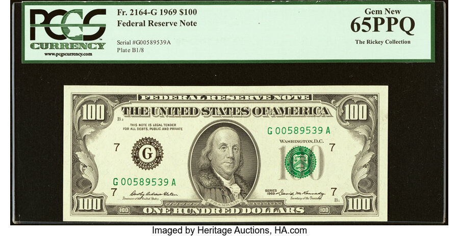 image for: Fr. 2164-G $100 1969 Federal Reserve Note. PCGS Gem New 65PPQ....