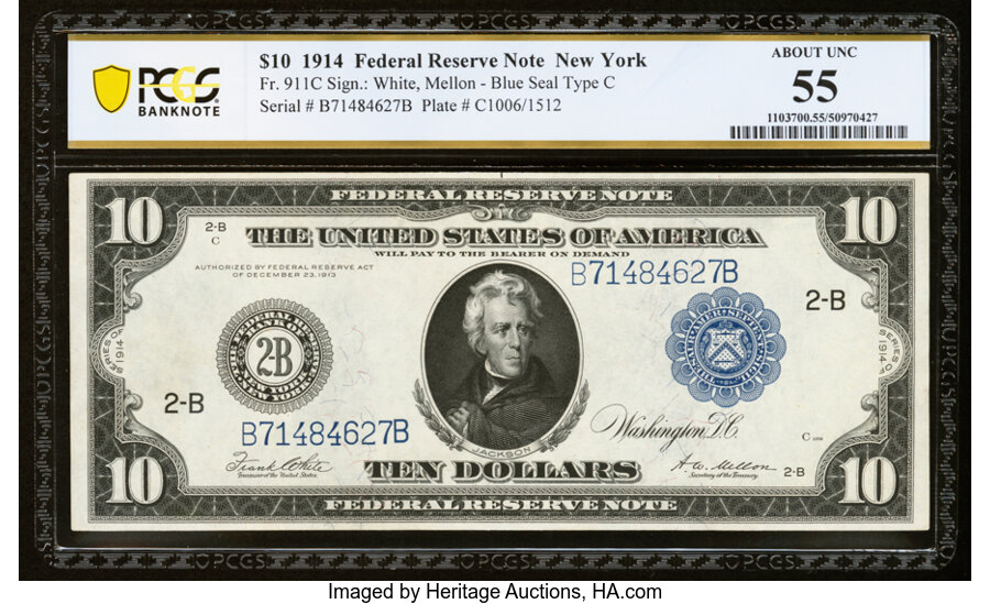image for: Fr. 911C $10 1914 Federal Reserve Note PCGS Banknote About Unc 55....