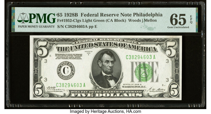 image for: Fr. 1952-C $5 1928B Light Green Seal Federal Reserve Note. PMG Gem Uncirculated 65 EPQ....