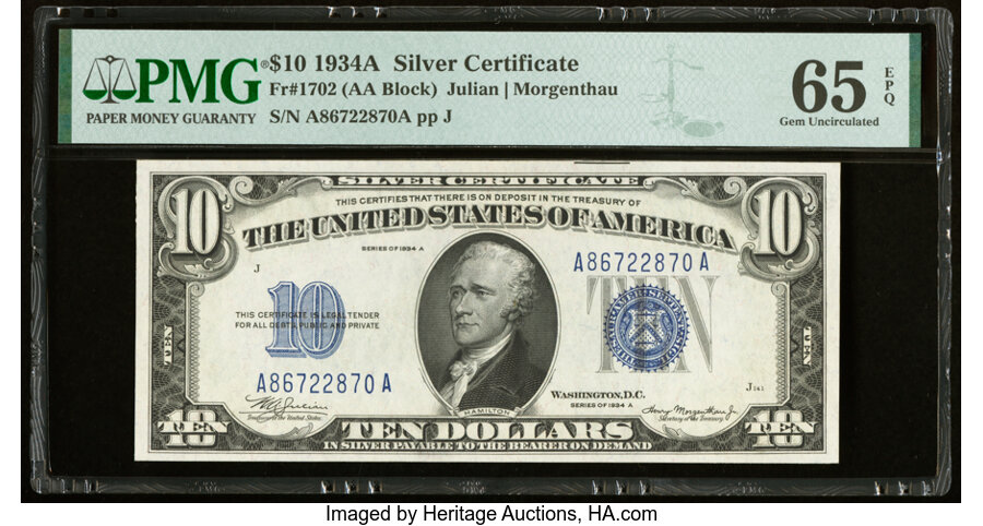 image for: Fr. 1702 $10 1934A Silver Certificate. PMG Gem Uncirculated 65 EPQ....