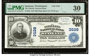 image for: Spokane, WA - $10 1902 Plain Back Fr. 625 The Fidelity National Bank Ch. # 3528 PMG Very Fine 30....