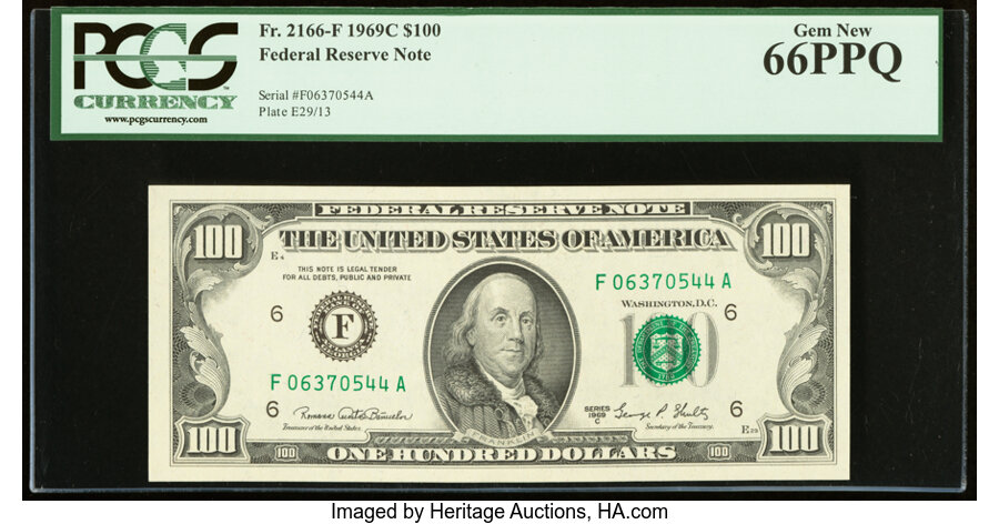 image for: Fr. 2166-F $100 1969C Federal Reserve Note. PCGS Gem New 66PPQ....