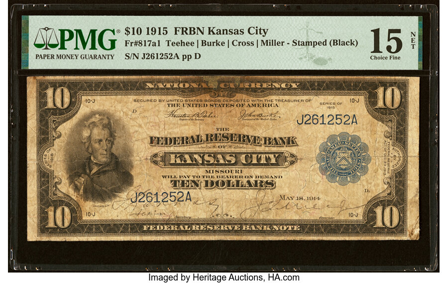 image for: Fr. 817a1 $10 1915 Federal Reserve Bank Note PMG Choice Fine 15 Net....