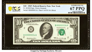 image for: Low Serial Number 14 Fr. 2018-B $10 1969 Federal Reserve Note. PCGS Banknote Superb Gem Unc 67 PPQ....