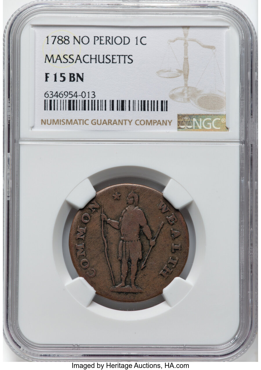 image for: 1788 1C Massachusetts Cent, No Period, R. 6-N, W-6240, Low R.3, Fine 15 Brown NGC. NGC Census: (4/30)....