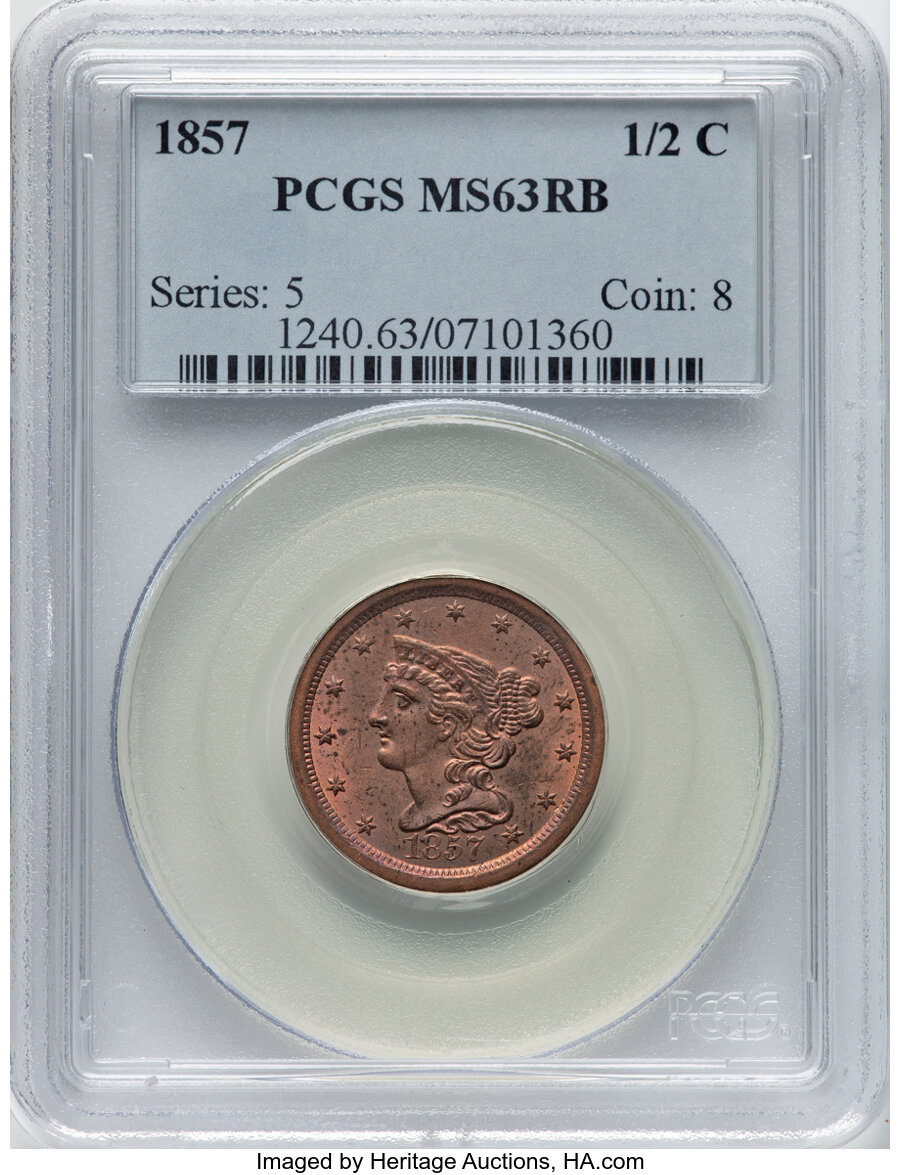 image for: 1857 1/2 C C-1, B-1, R.2, MS63 Red and Brown PCGS. PCGS Population: (99/57).  Mintage 35,180....