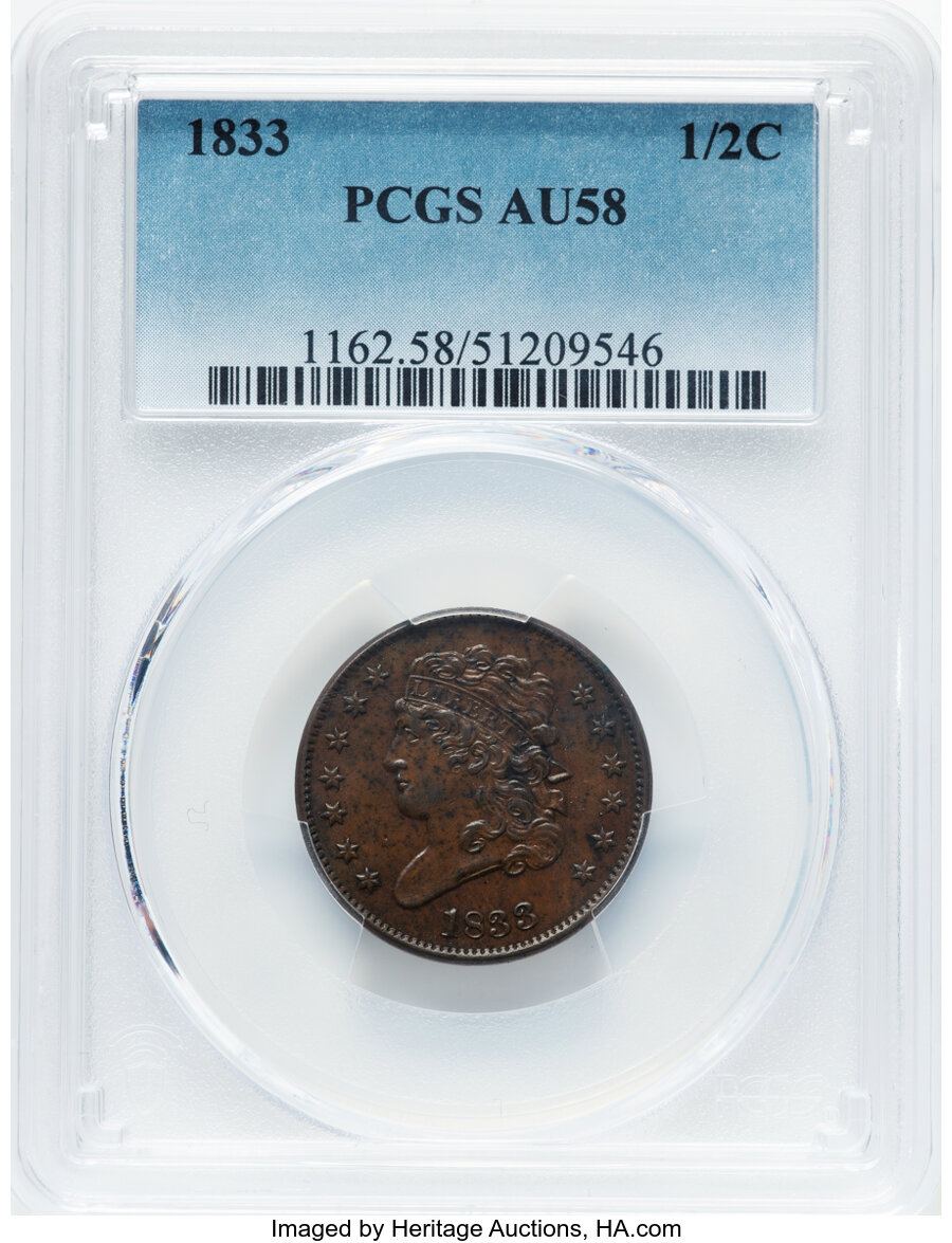 image for: 1833 1/2 C C-1, B-1, R.1, AU58 PCGS.  Mintage 120,000....