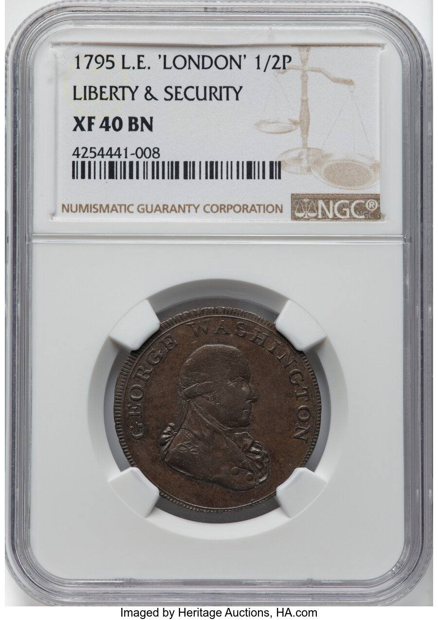 image for: 1795 1/2 P Washington Liberty & Security Halfpenny, 'London' Lettered Edge, XF40 Brown NGC. Baker-31, W-11015, GW-48, R.5. ...