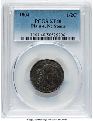 image for: 1804 1/2 C Plain 4, No Stems, C-13, B-10, R.1, XF40 PCGS. Mintage 1,055,312....