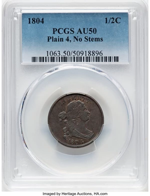 image for: 1804 1/2 C Plain 4, No Stems, C-13, B-10, R.1, AU50 PCGS. Mintage 1,055,312....