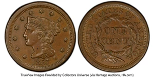 image for: 1857 1C Large Date, N-1, R.1, MS62 Brown PCGS. PCGS Population: (62/169 and 0/5+). Mintage 333,456....